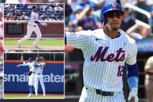 The Mets' Francisco Lindor trots after a home run; J.D. Martinez at the plate; Brandon Nimmo and Tyrone Taylor celebrate in the outfield.