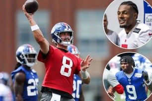 Daniel Jones throws at Giants practice; insets: Kayvon Thibodeaux, Malik Nabers