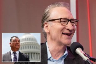 Bill Maher and Alex Padilla in a conversation, Maher wearing glasses and holding a microphone