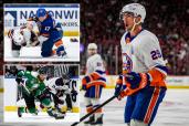 Brock Nelson looks on during an Islanders game; Matt Martin fights; prospect Isaiah George with the puck