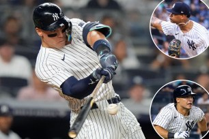 Yankees slugger Aaron Judge swings at a pitch; Luis Gil throws a pitch; Anthony Volpe runs the bases.