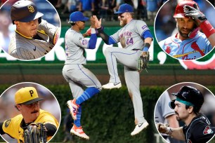 Francisco Lindor and Harrison Bader celebrate a Mets win; inset, clockwise from top left: the Padres' Manny Machado, the Cardinals' Paul Goldschmidt, the Diamondbacks' Corbin Carroll, the Pirates' Paul Skenes