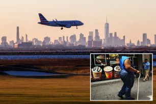 collage of plane and overweight person