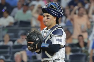 Jose Trevino wears a dejected expression after committing a throwing error in the 10th inning of the Yankees' 7-6 loss to the Orioles.