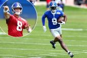 Malik Nabers, who is expected to be a difference maker for the Giants and Daniel Jones (inset), runs a drill during practice.