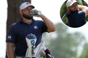 Tyrrell Hatton (above and inset), who stands at 1-under par, takes a drink before teeing off on the second hole during the third round of the U.S. Open.
