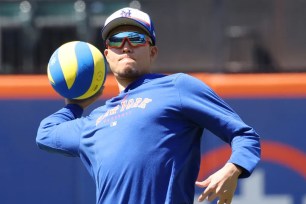Kodai Senga warms up with a volley ball before a Mets' game in early June.