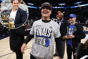 Dallas Mavericks minority owner Mark Cuban celebrates after winning the Western Confrerence Championship against the Minnesota Timberwolves in game five of the western conference finals for the 2024 NBA playoffs at Target Center.