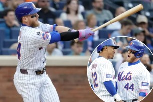 Harrison Bader (above and inset, celebrating with Franicsco Lindor) belts a two-run homer in the first inning of the Mets' 10-4 win over the Marlins.