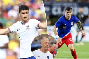 A collage featuring sportsman Christian Pulisic and coach Gregg Berhalter in their USMNT uniforms.