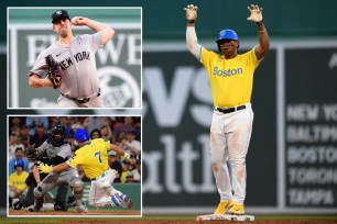 Rafael Devers celebrates after hitting a two-run double of Carlos Rodon (top inset) in the second inning of the Yankees' 8-4 loss to the Red Sox. Boston also tacked home another run in the seventh, scoring on a play at the plate (bottom inset).