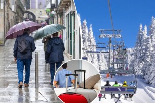 couple walking in the rain, ski lift and man sitting in hotel room
