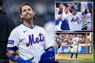 The Mets' Jeff McNeil reacts after an at-bat; Mark Vientos gets dugout high fives; Sean Manaea lets up a home run.