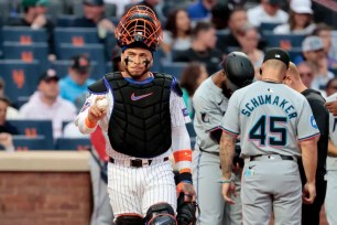 Mets catcher Francisco Alvarez, who was playing in his first game since returning from the IL, wears a frustrated expression during the Marlins' two-run fifth which turned the game around in their favor.