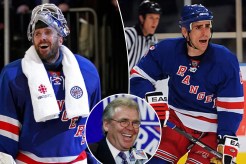 Henrik Lundqvist, Wade Redden and Glenn Sather (inset)