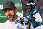 Aaron Rodgers at a Jets press conference; Haason Reddick plays for the Eagles; Reddick at a community event