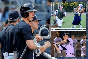 Ben Rice during batting practice with the Yankees; insets: with the Worcester Bravehearts in the Futures League in 2020