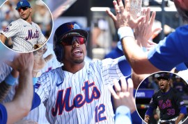 Francisco Lindor gets high fives in the Mets dugout; insets: Pete Alonso, Edwin Diaz