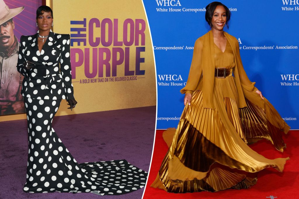 Collage of Fantasia Barrino and Abby Phillips wearing Sergio Hudson at 'The Color Purple' premiere and White House Correspondents's Dinner, respectively.