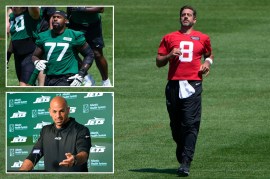 Aaron Rodgers jogs at Jets practice; insets: Tyron Smith on the practice field, Robert Saleh at the podium