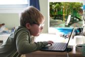 collage of kid remote learning and playground