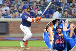 Francisco Alvarez (above and inset) belts a two-run homer in the third inning of Game 2 of the Subway Series between the Mets and Yankees.