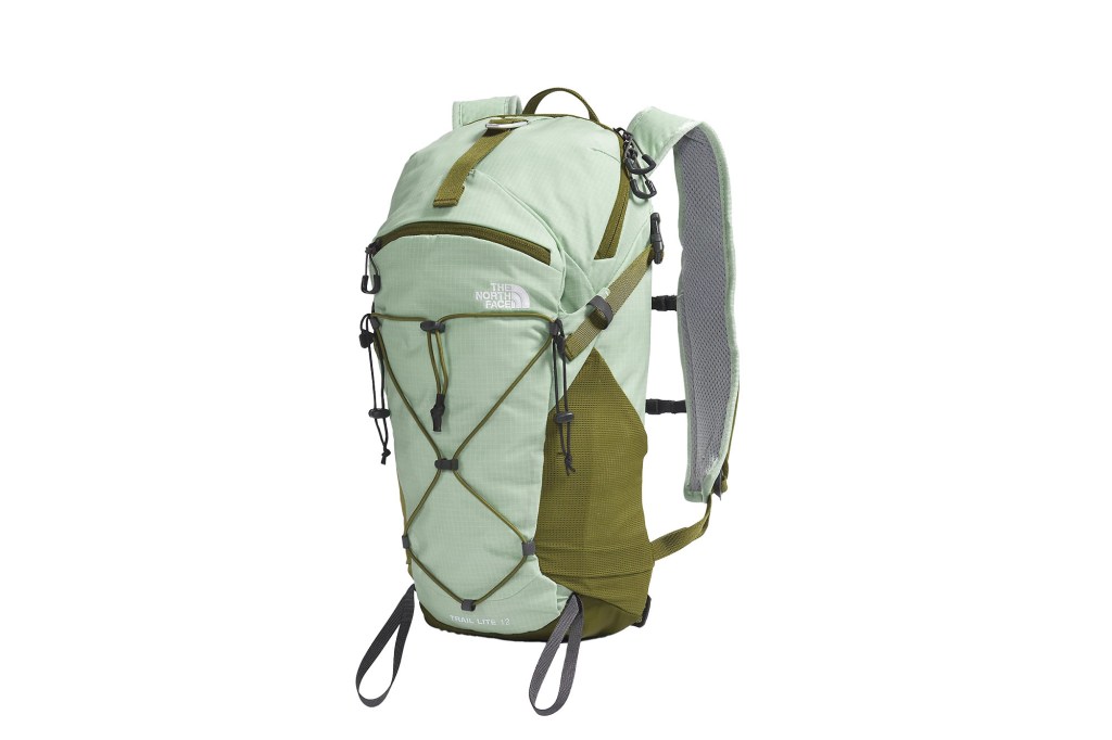 Green and grey North Face backpack