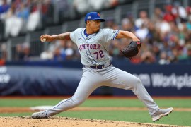 New York Mets player Dedniel Nunez throwing a pitch at a game against Philadelphia Phillies, London Stadium, Britain, June 9, 2024