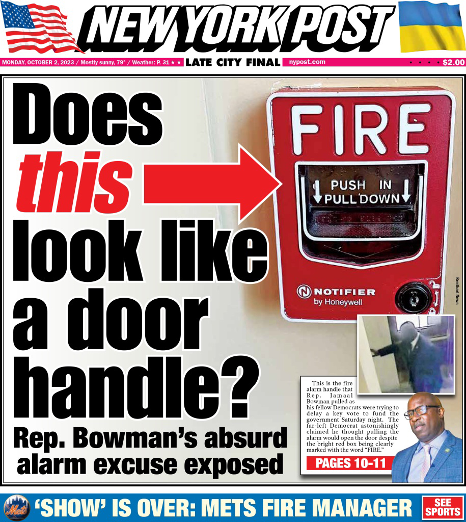 NY Post magazine cover featuring a red fire alarm box, associating it with Jamaal Bowman incident in a Capitol Hill office building.