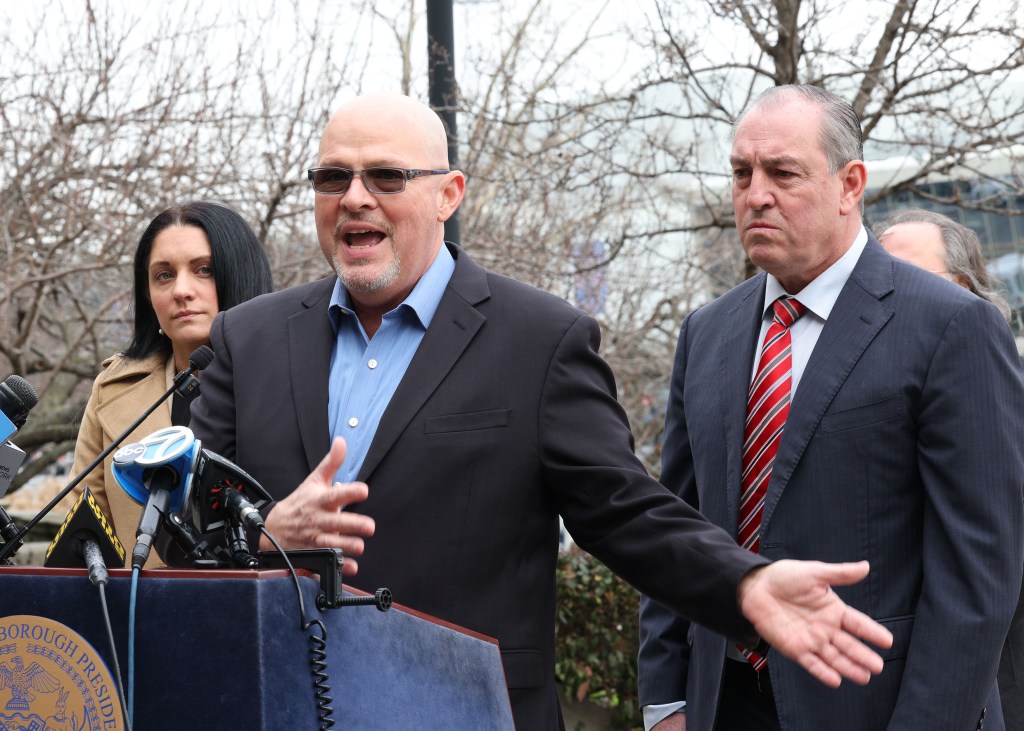 NY State Senator Jessica Scarcella-Spanton, United Federation of Teachers President Michael Mulgrew, and Staten Island Borough President Vito Fossella at a press conference in Staten Island, NY discussing a lawsuit against congestion pricing in Manhattan.