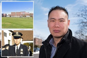 Composite photograph of a headshot of former NYPD Sgt. Steven Lee, Lee in uniform, and Westchester County Jail.