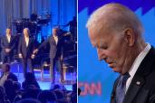 Barack Obama leads Joe Biden off stage at an event; Joe Biden looks downcast at first 2024 presidential debate