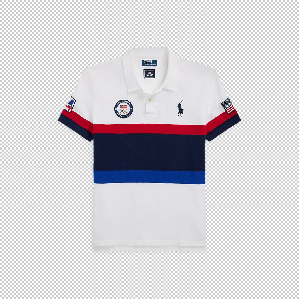 White and blue Ralph Lauren polo shirt designed for Olympics opening and closing outfits