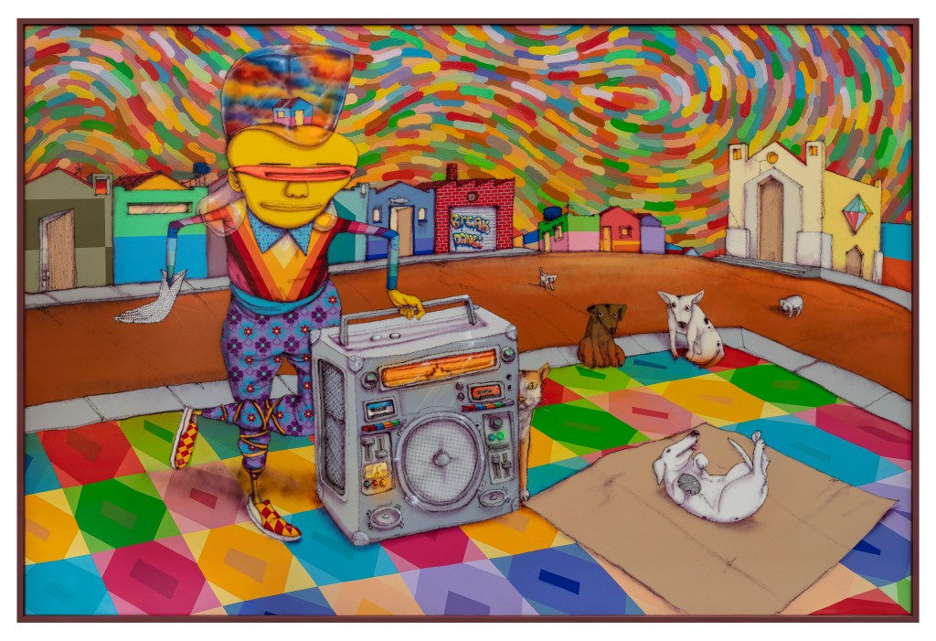 A painting by Osgemeos featuring a man with a boom box and dogs