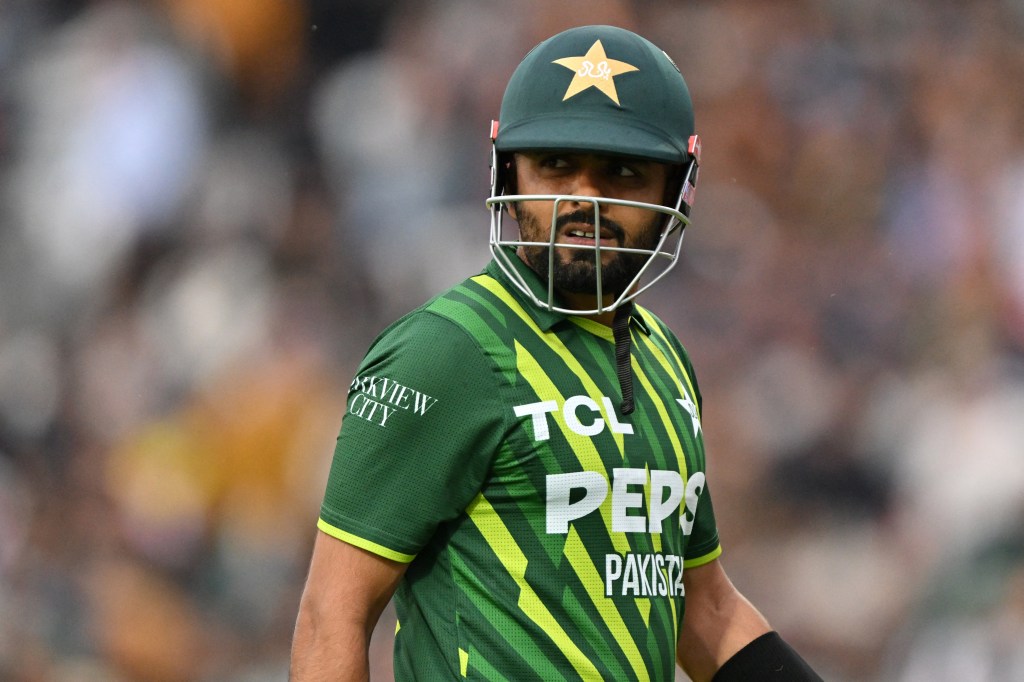 Pakistan's cricketer Babar Azam walking back to the pavilion after losing his wicket during the T20 international cricket match at The Oval, London