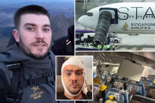 A collage of a man, Bradley Richards, with a bandaged head after suffering injuries on a turbulent Singapore Airlines flight