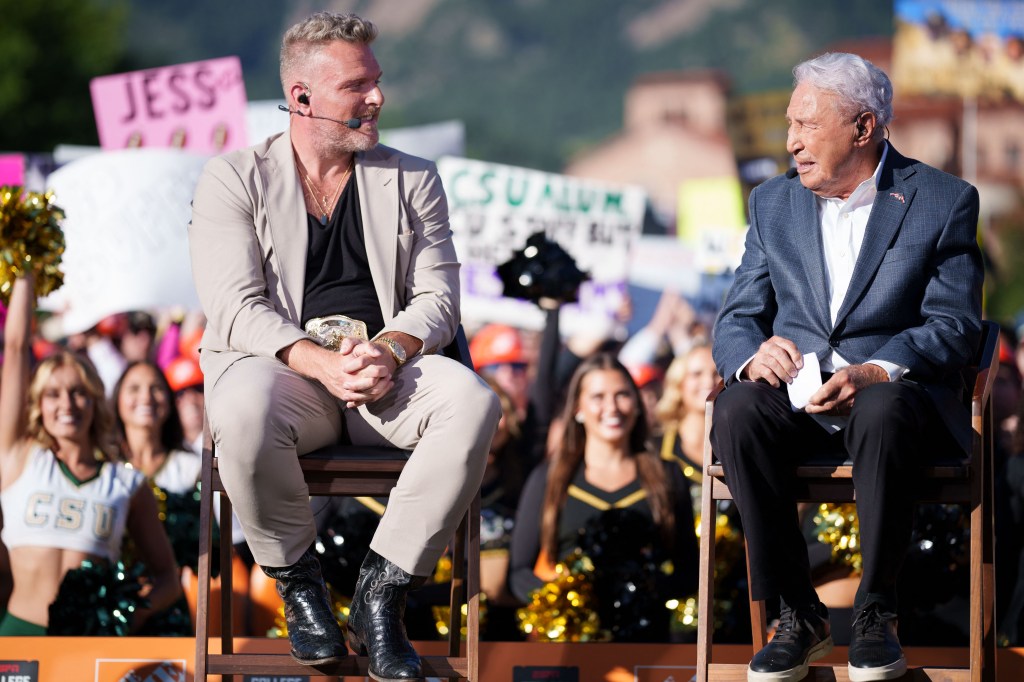 Pat McAfee (l.) with Lee Corso (r.) on the set of "College GameDay" in Boulder, Colo. on Sept. 16, 2023.