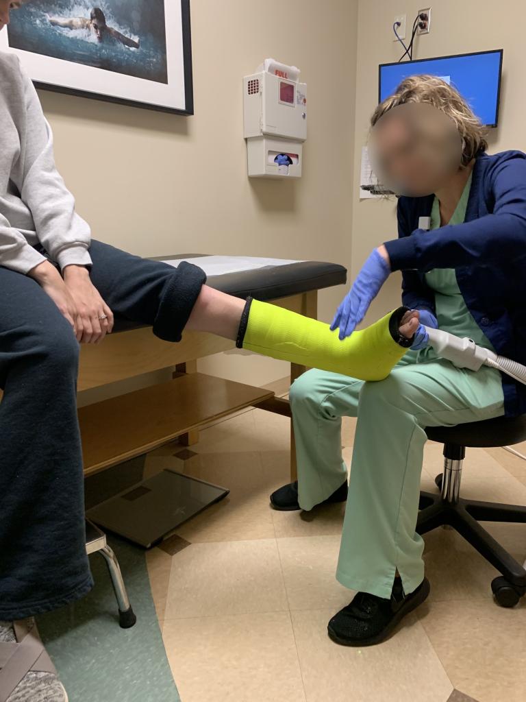 Mary Greenwell, 27, from Boston, Kentucky undergoing an examination after breaking her ankle on her October 2019 wedding day. 