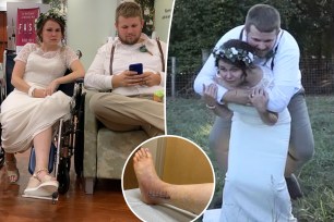 (Left) Mary Greenwell, 27, from Boston, Kentucky, and husband Blake, 30, in the emergency room. (Right) Greenwell giving Blake a piggyback ride. (Inset) Greenwell's broken ankle.