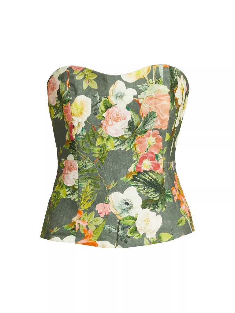 Olive Kingston Floral, Cara Cara Agnes Linen Bustier Top on a white background