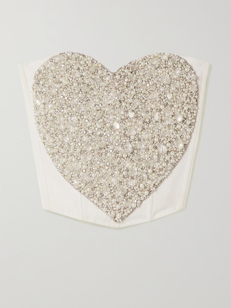 Ivory strapless embellished stretch-crepe bustier top by CLIO PEPPIATT, shaped like a heart