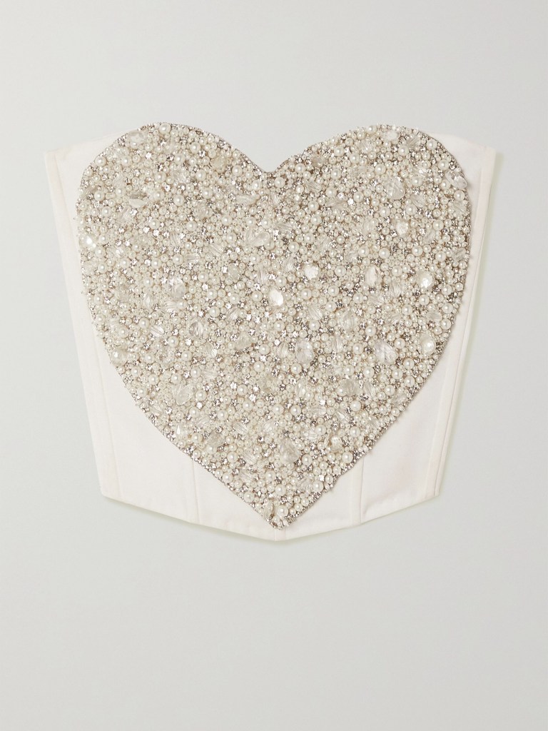 Ivory strapless embellished stretch-crepe bustier top by CLIO PEPPIATT, shaped like a heart