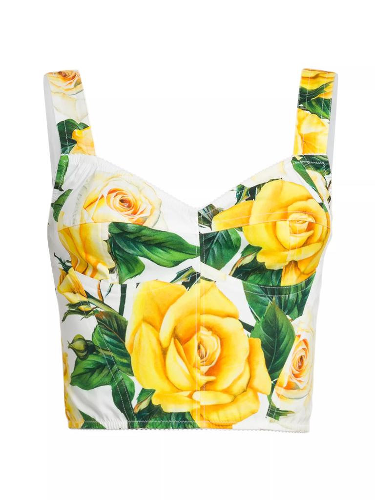 Dolce & Gabbana rose print bustier top in rose gialle color for Alexa web, inspired by Bridgerton Featherington fashion.