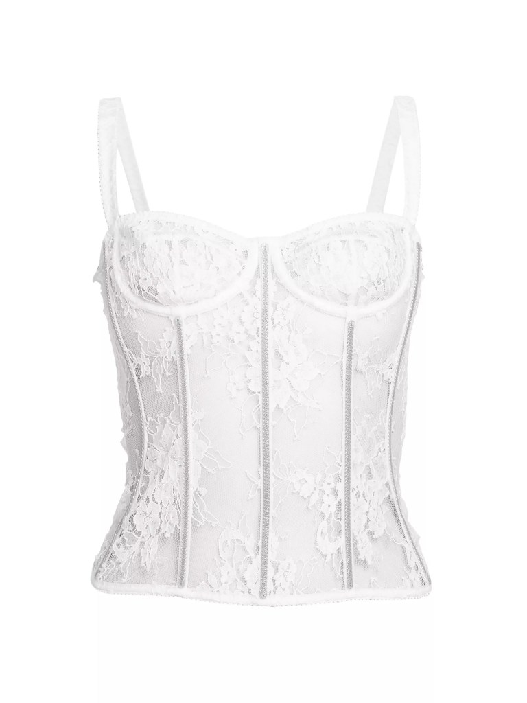 A white lace underwire bustier from Dolce & Gabbana, inspired by the Bridgerton series