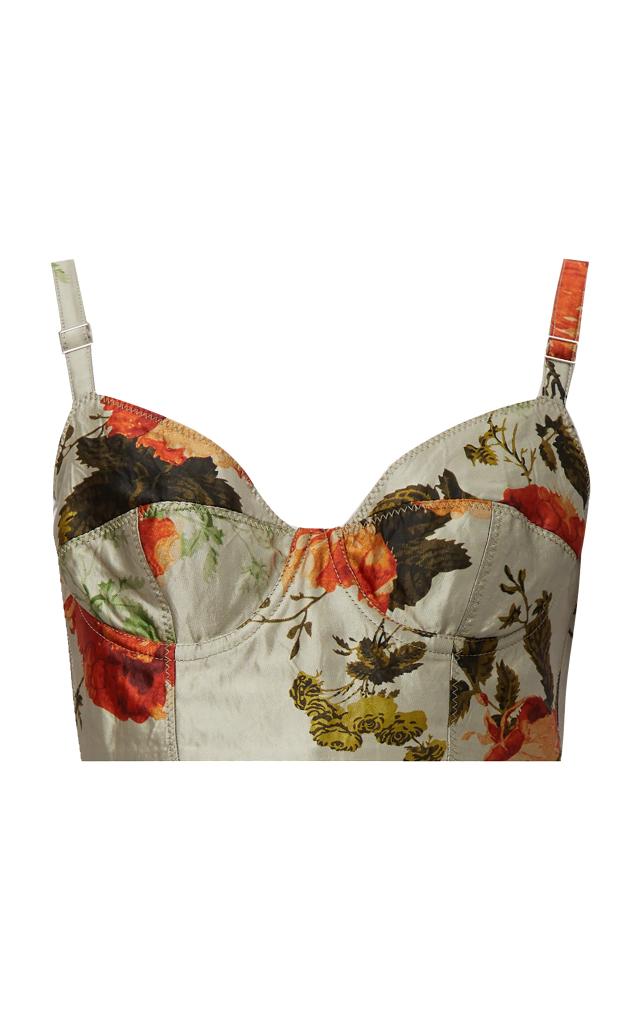 Floral metallic crinkled satin corset top by Erdem in pearl color