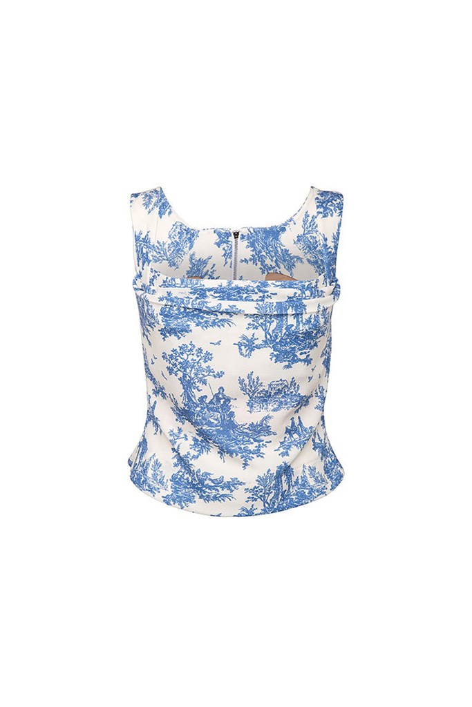 Blue and white floral Imogene corset, inspired by Penelope's transformation in Bridgerton, priced at $245.00