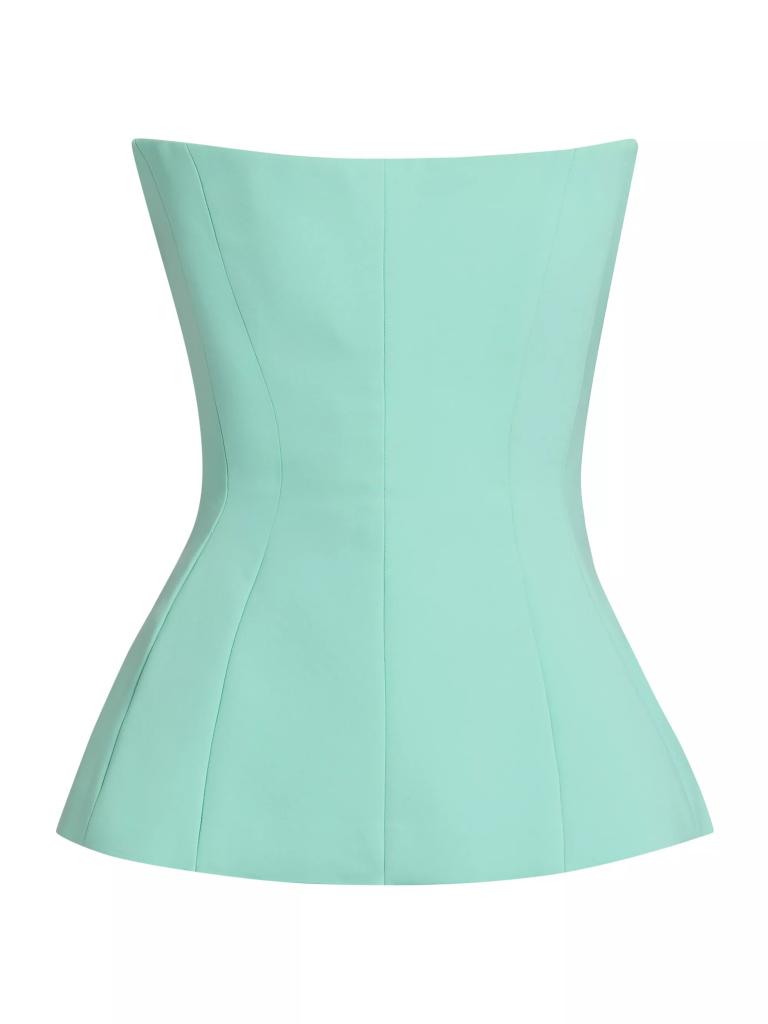 Back view of Prabal Gurung's aqua colored curved neck corset top advertised on Saks Fifth Avenue's website