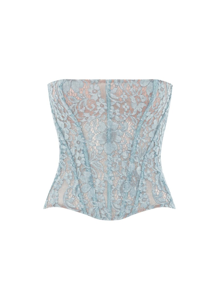 A blue lace bustier corset top by Rosie Corsets, priced at $550