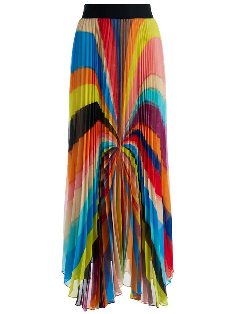 A woman wearing a colorful Pomelo Stripe Katz Maxi pleated skirt by Alice+Olivia Pride