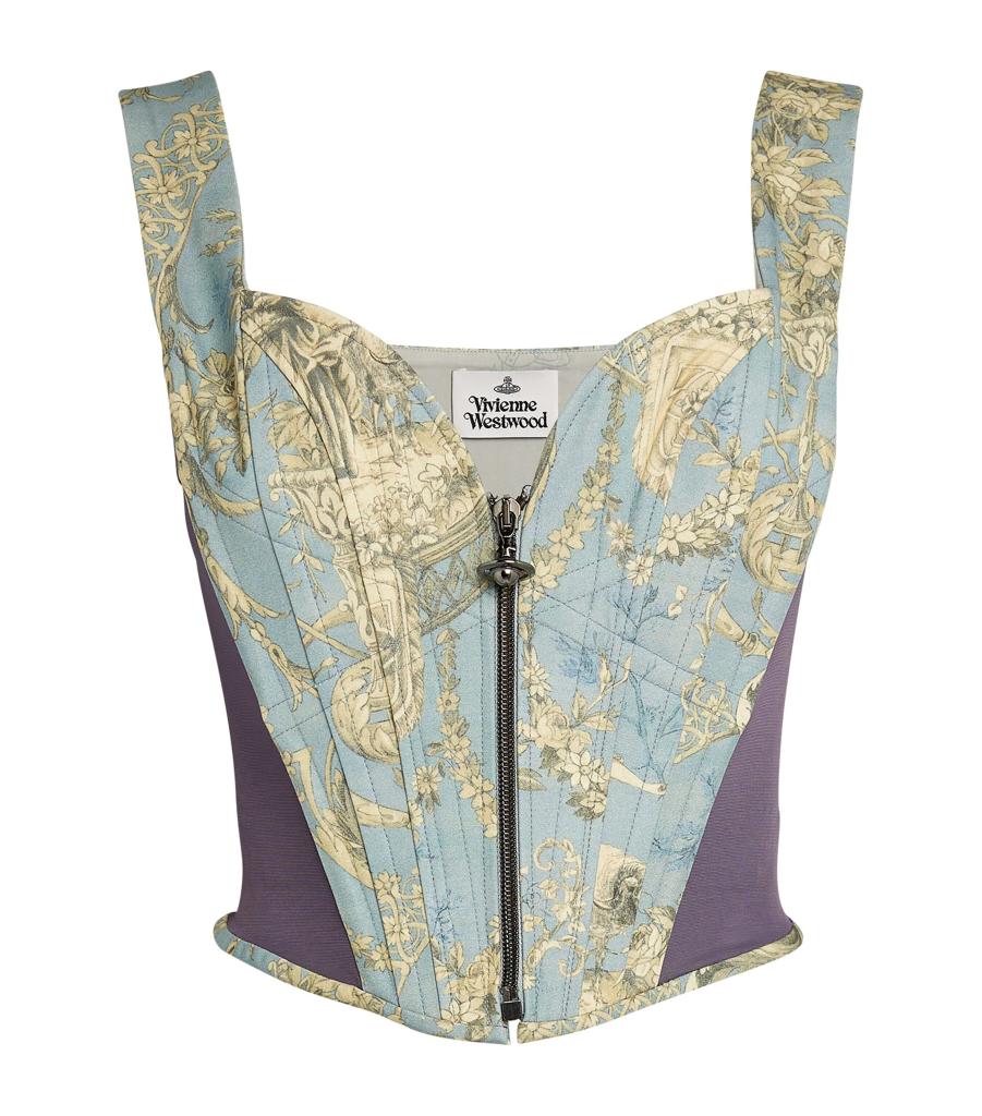 A light blue printed classic corset top by Vivienne Westwood featured in the show Bridgerton